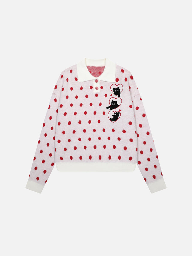 Heart Cat Graphic Polka-Dot Polo Collar Cropped Knit Sweater