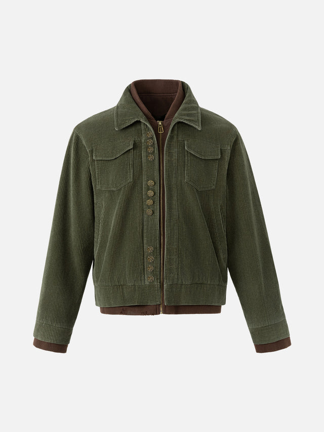 Star-Button Double-Layer Boxy Corduroy Jacket