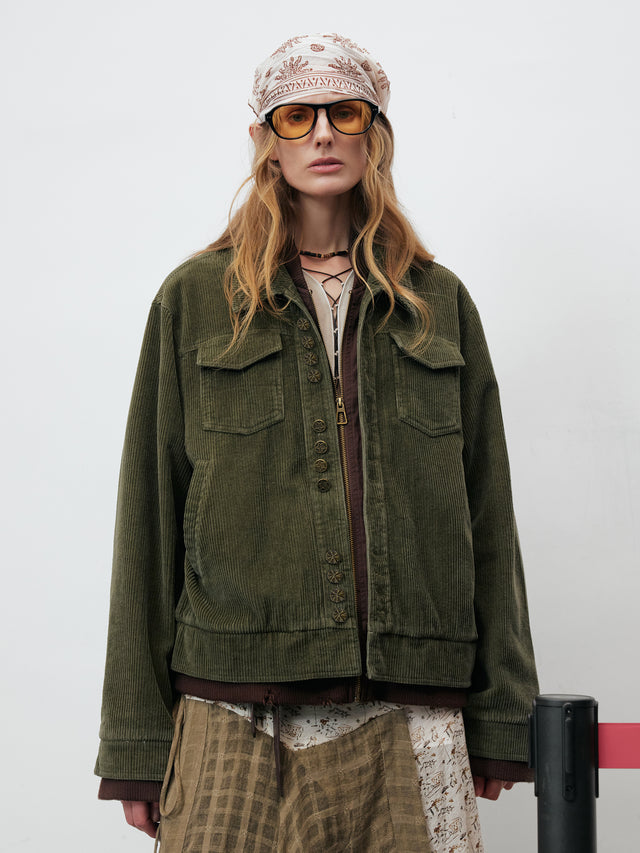 Star-Button Double-Layer Boxy Corduroy Jacket