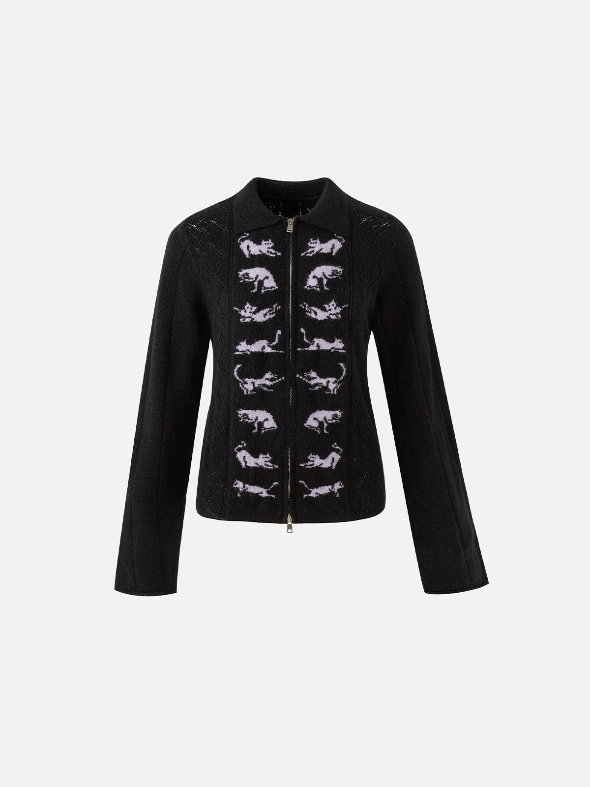 Cat-Jacquard Open-Knit Slim Zip Cardigan