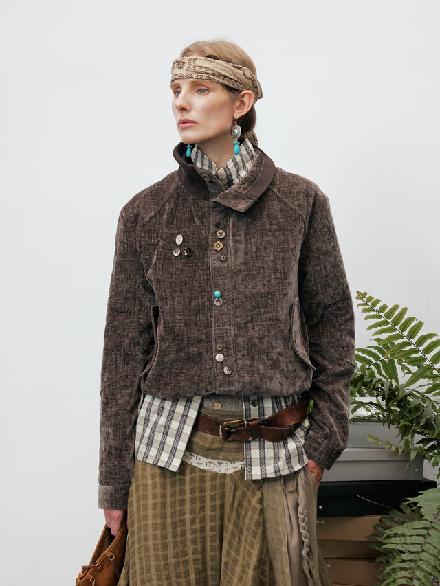 Vintage-Washed Mixed-Button Boxy Bomber Jacket