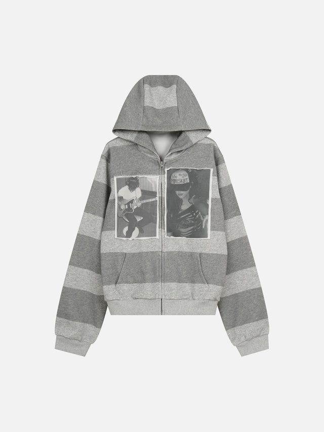 Photo-Print Striped Boxy Zip-Up Hoodie