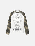 Skull-Graphic Camo-Sleeve Oversized Long-Sleeve T-Shirt