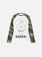 Skull-Graphic Camo-Sleeve Oversized Long-Sleeve T-Shirt