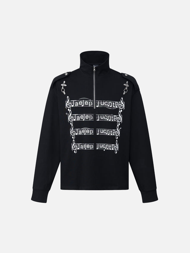 Sheet-Music Print Buckle-Detail Relaxed-Fit Half-Zip Sweatshirt