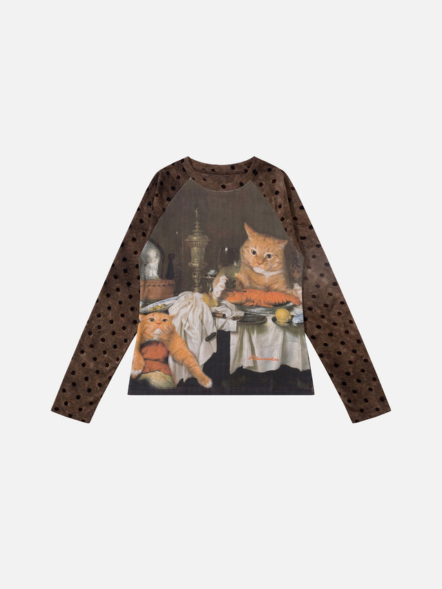 Vintage Cat Graphic Polka Dot Raglan Top