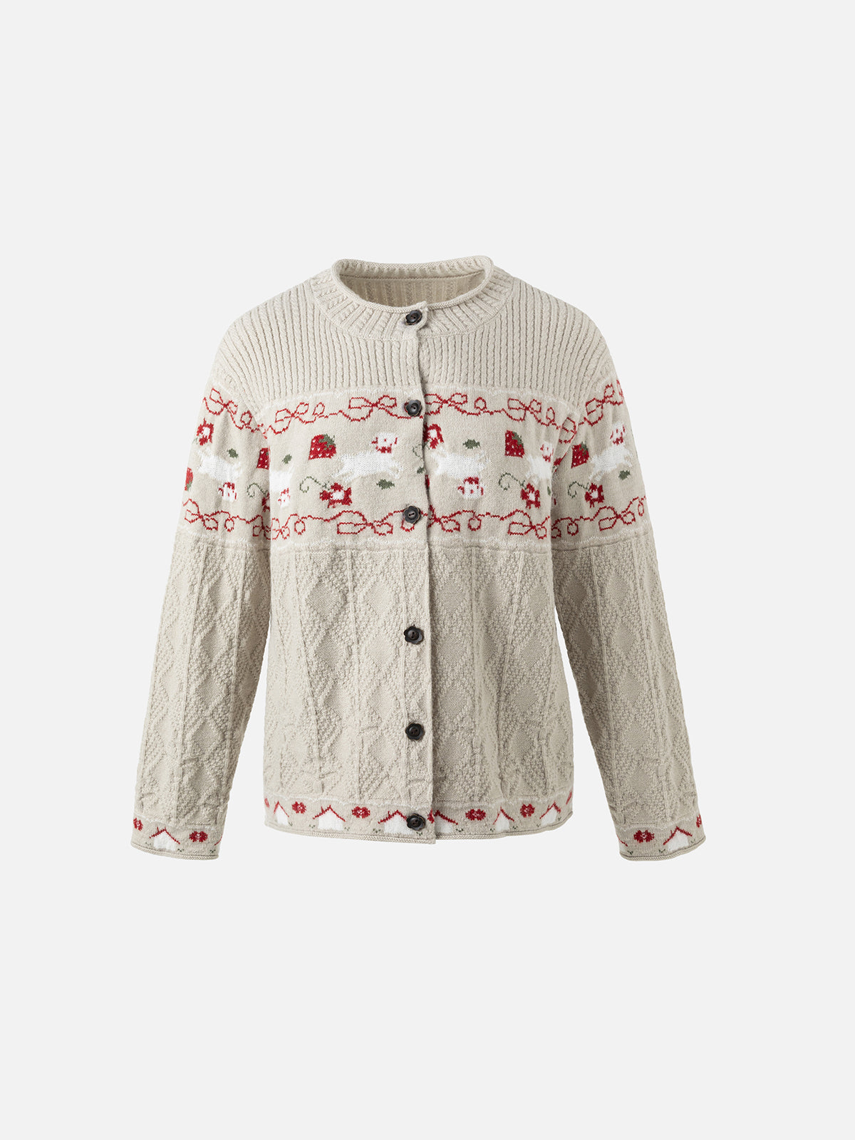 Animal-Motif Fair Isle Cable-Knit Cardigan