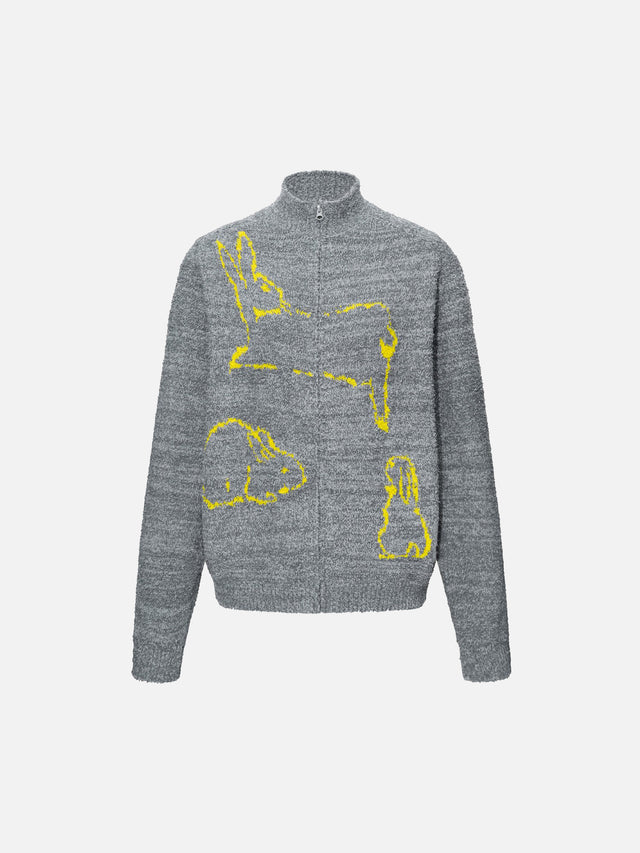 Rabbit Outline Graphic Stand Collar Knit Zip Cardigan