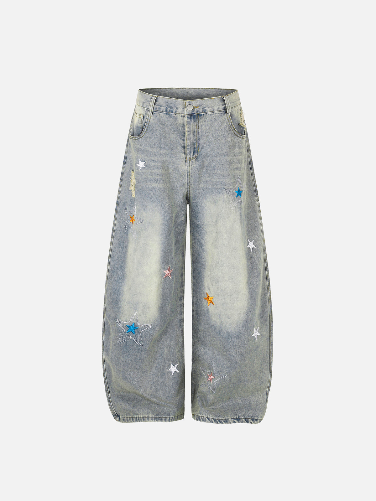 Distressed Star-Embroidered Baggy Barrel Jeans