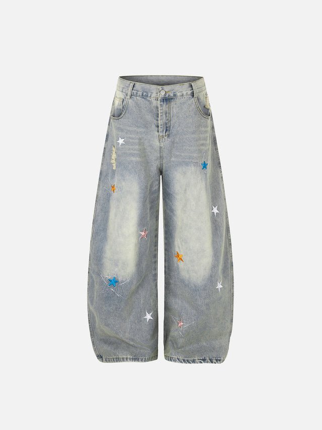 Distressed Star-Embroidered Baggy Barrel Jeans