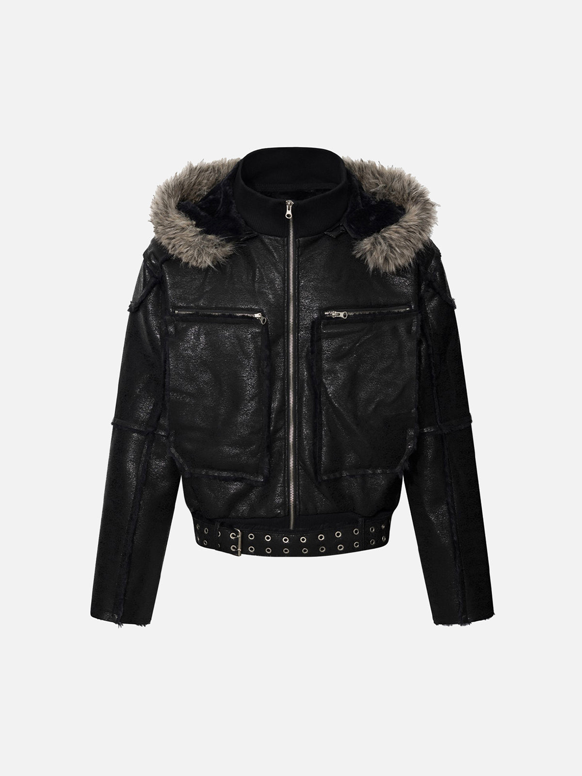 Faux-Fur Trim Hooded Eyelet-Belted Faux-Leather Boxy Moto Jacket