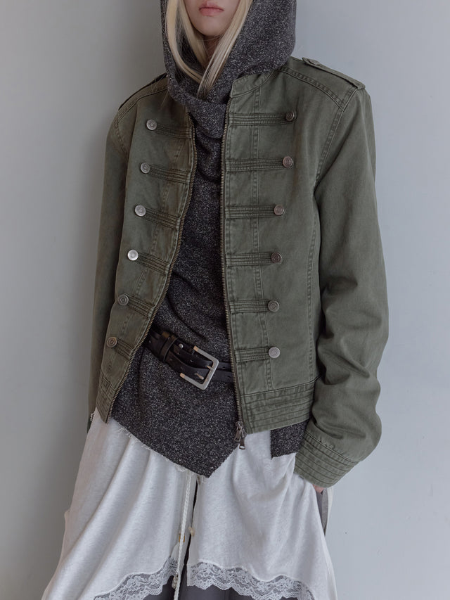 Napoleonic-Inspired Washed Cropped Denim Jacket