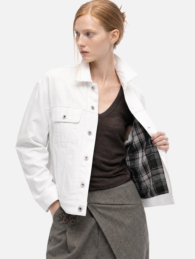 Corduroy Collar and Checked Panel Boxy Fit Denim Jacket