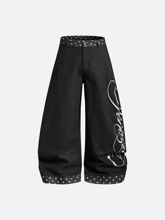 Script-Print Polka-Dot Panelled Super-Baggy Jeans