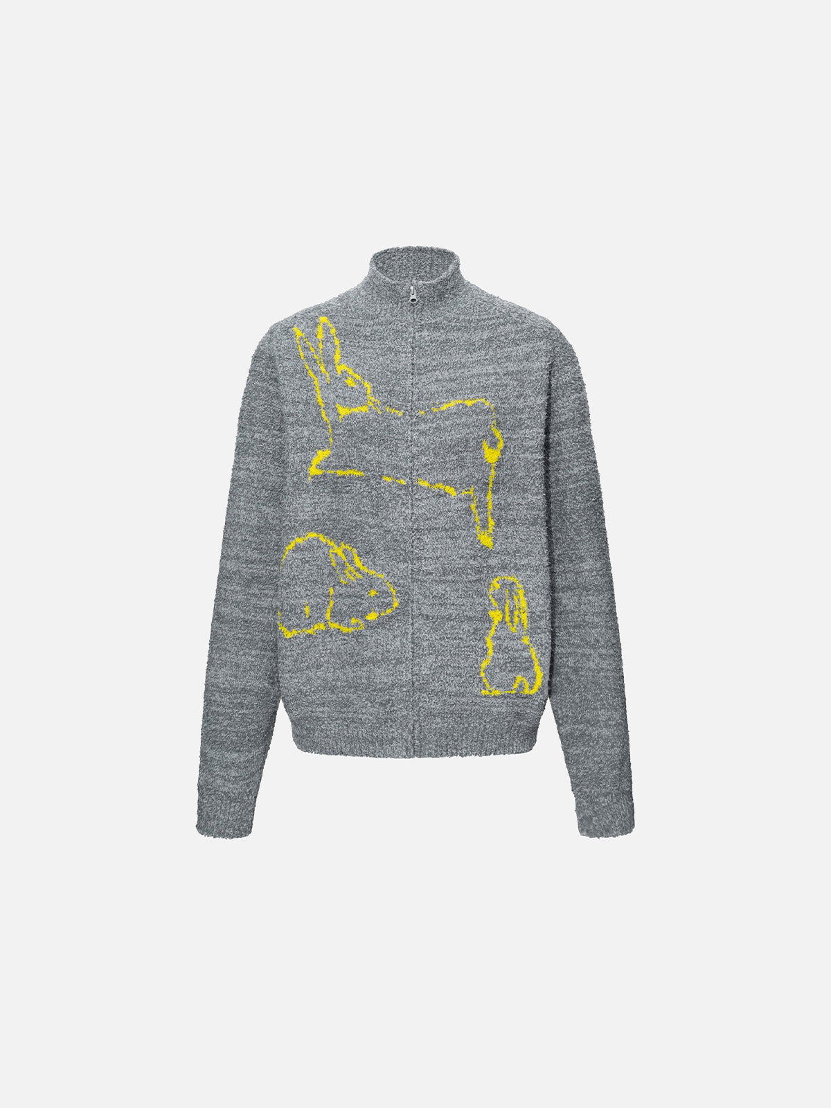 Rabbit Outline Graphic Stand Collar Knit Zip Cardigan
