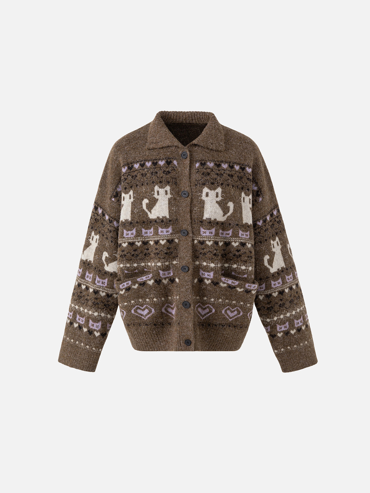 Cat-Motif Fair Isle Relaxed-Fit Collared Cardigan