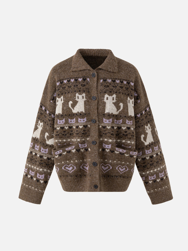 Cat-Motif Fair Isle Relaxed-Fit Collared Cardigan