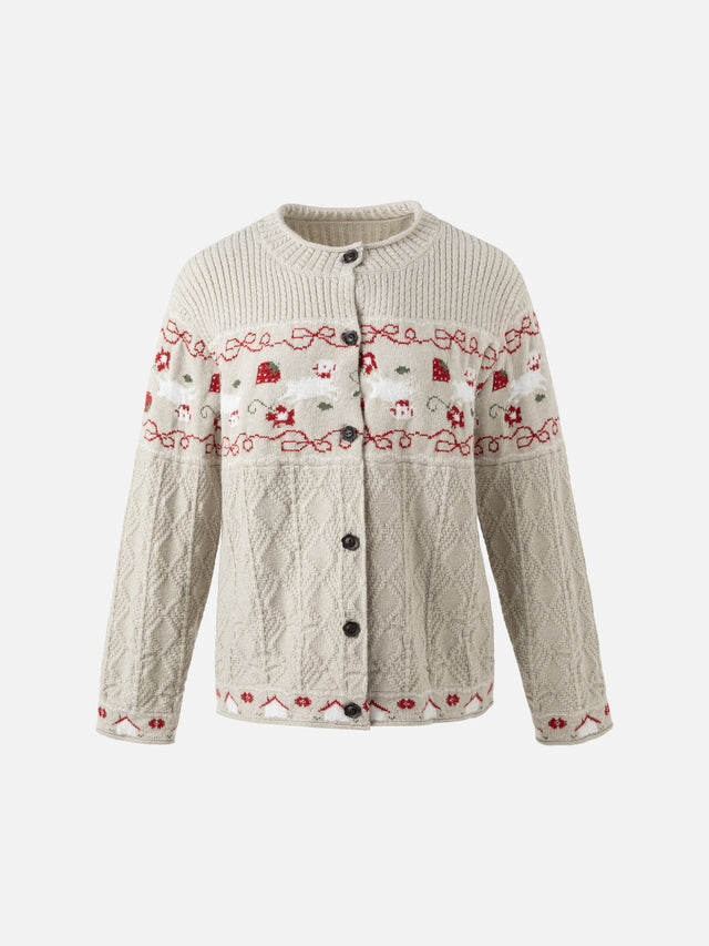 Animal-Motif Fair Isle Cable-Knit Cardigan