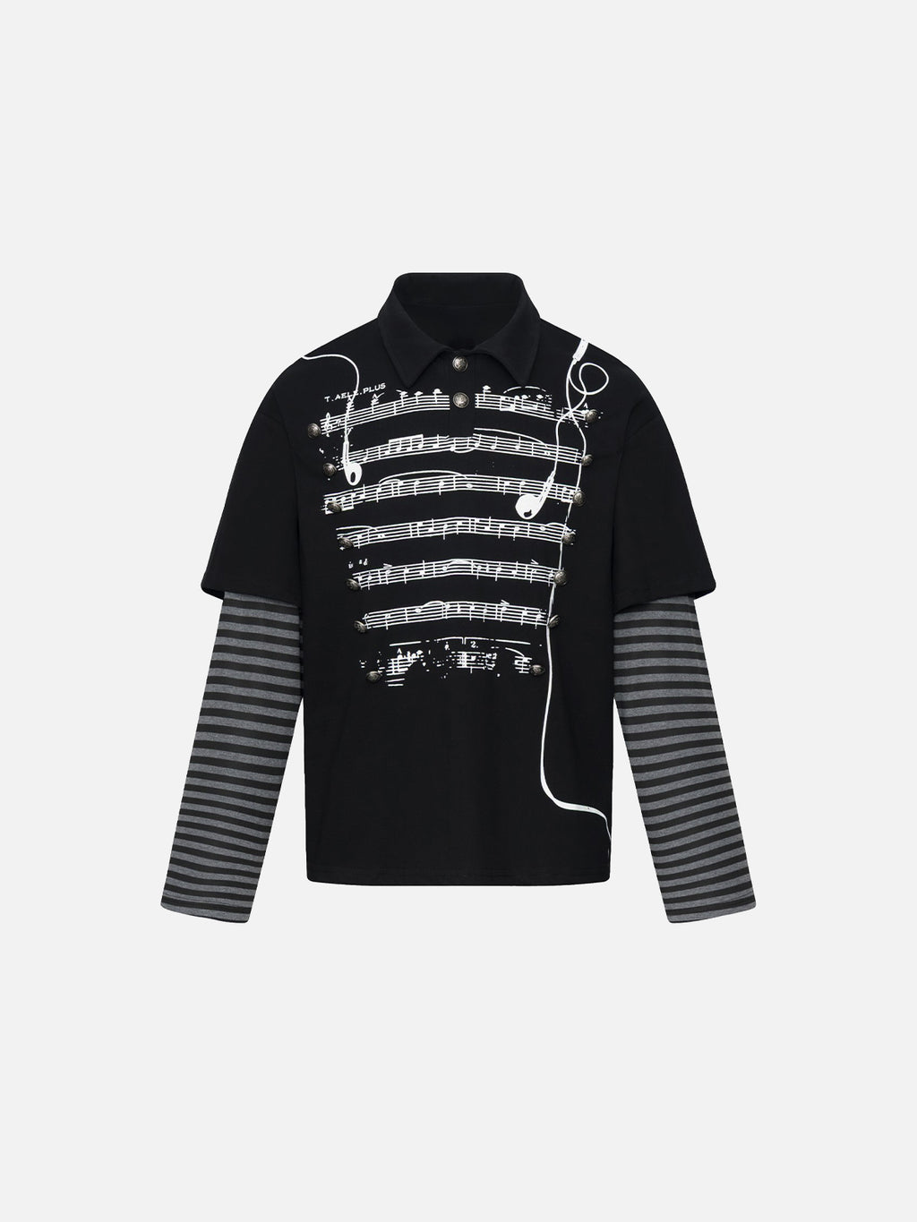 Sheet-Music Graphic Striped Layered-Sleeve Oversized Polo Shirt