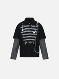 Sheet-Music Graphic Striped Layered-Sleeve Oversized Polo Shirt