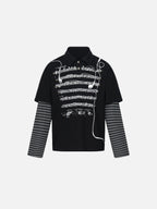 Sheet-Music Graphic Striped Layered-Sleeve Oversized Polo Shirt