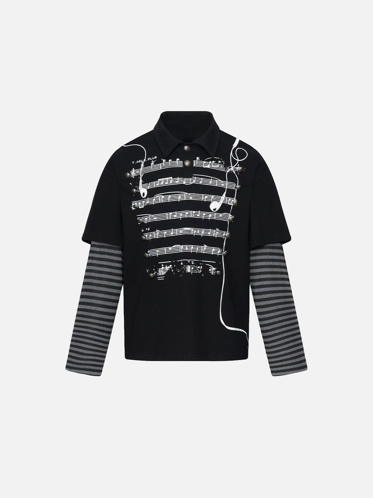 Sheet-Music Graphic Striped Layered-Sleeve Oversized Polo Shirt
