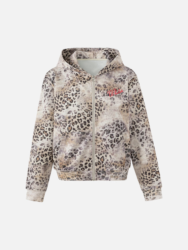 Washed Leopard-Print Embroidered Boxy Zip-Up Hoodie