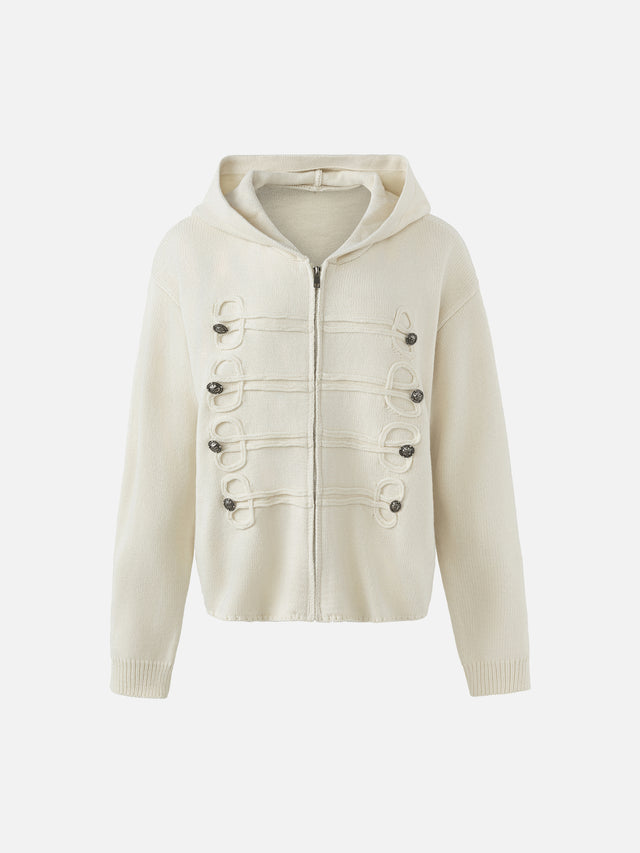 Napoleonic-Inspired Braided-Trim Relaxed-Fit Zip-Up Knit Hoodie