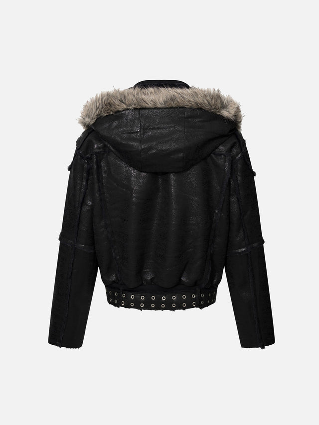 Faux-Fur Trim Hooded Eyelet-Belted Faux-Leather Boxy Moto Jacket