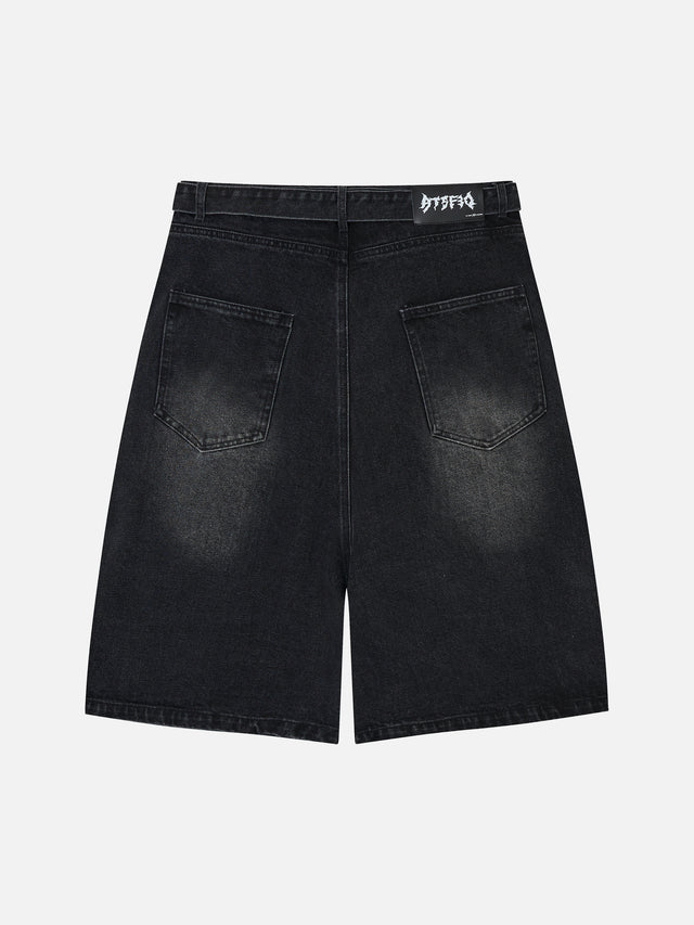 Spiderweb-Embroidered Double-Knee Denim Shorts