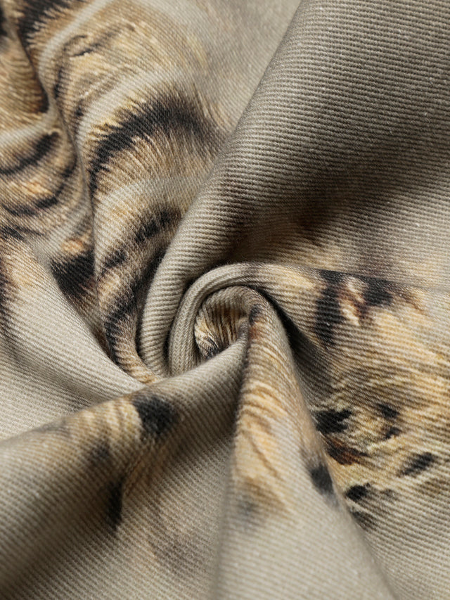 Vintage Washed Tiger Print Wide Leg Denim Pants