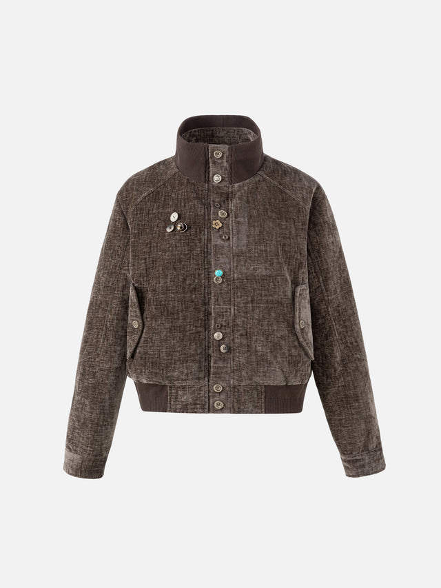 Vintage-Washed Mixed-Button Boxy Bomber Jacket