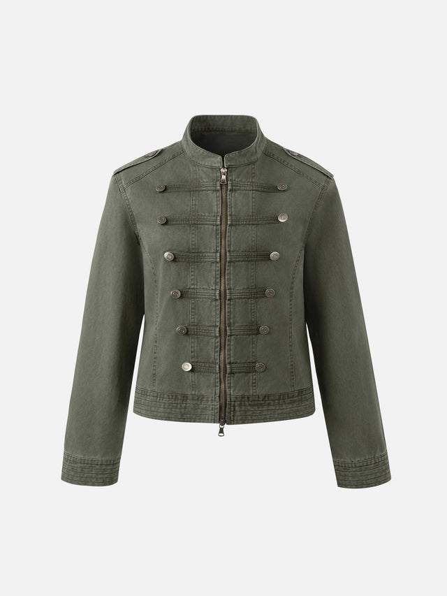 Napoleonic-Inspired Washed Cropped Denim Jacket