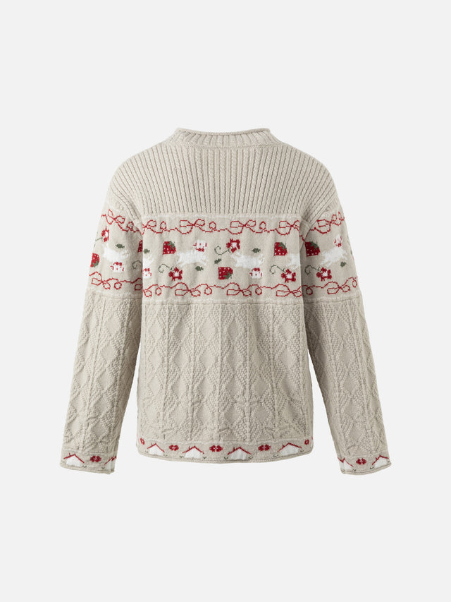 Animal-Motif Fair Isle Cable-Knit Cardigan
