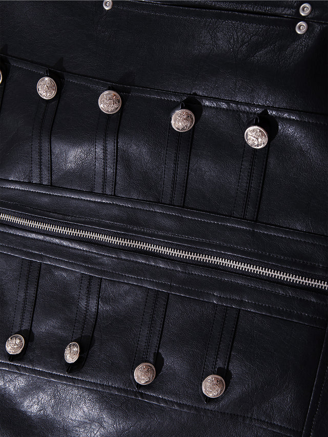 Napoleon-Inspired Braided-Trim Boxy Faux-Leather Zip-Up Jacket
