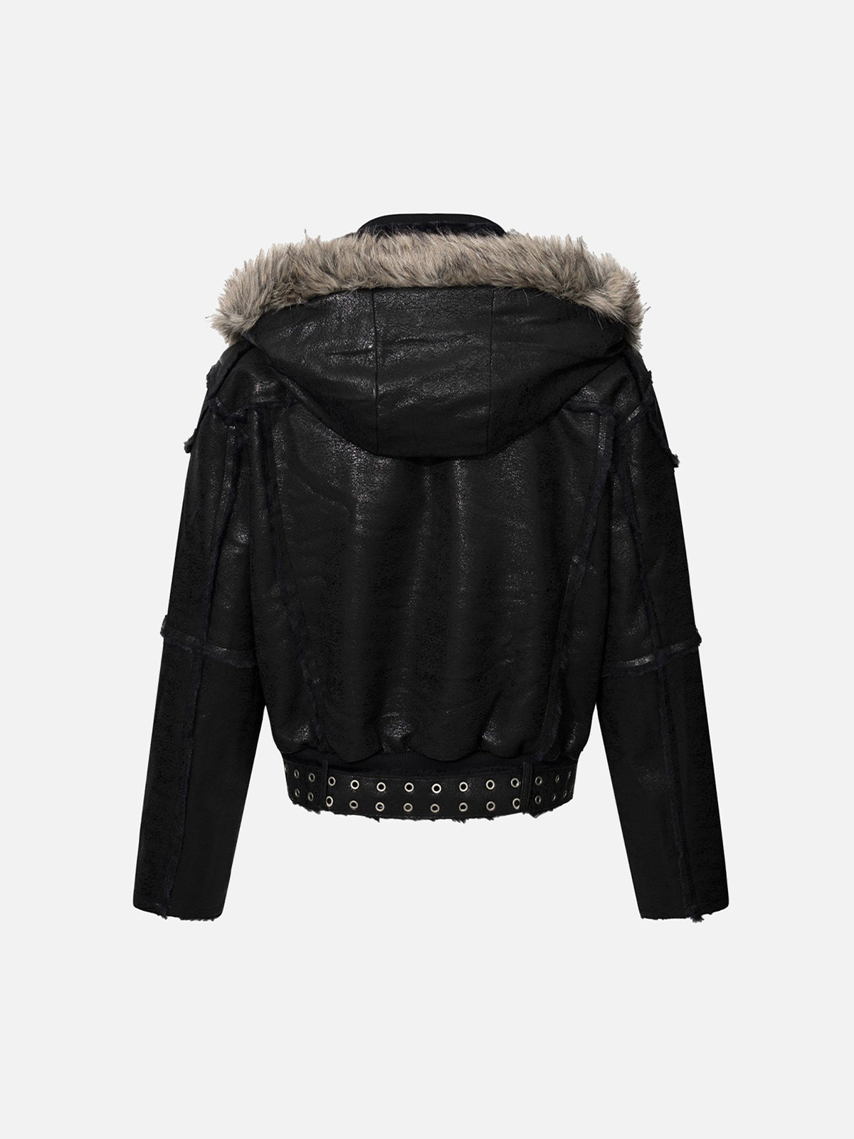 Faux-Fur Trim Hooded Eyelet-Belted Faux-Leather Boxy Moto Jacket