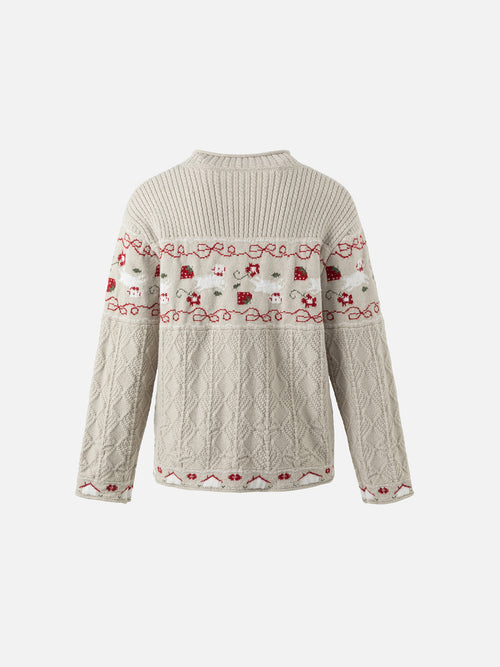 Animal-Motif Fair Isle Cable-Knit Cardigan