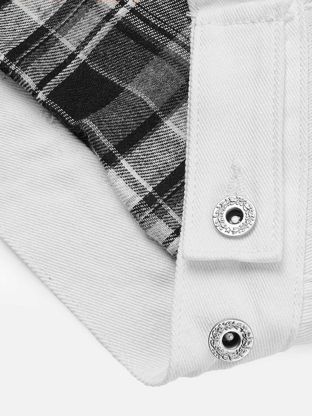 Corduroy Collar and Checked Panel Boxy Fit Denim Jacket