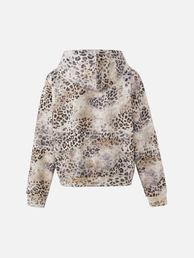 Washed Leopard-Print Embroidered Boxy Zip-Up Hoodie