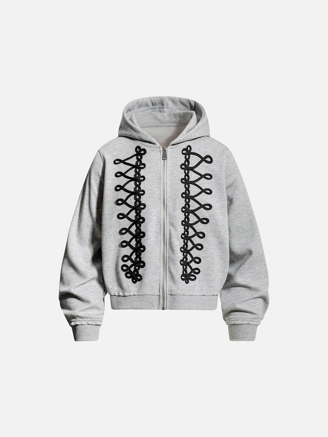 Napoleonic-Inspired Braided-Trim Embroidered Relaxed-Fit Zip-Up Hoodie