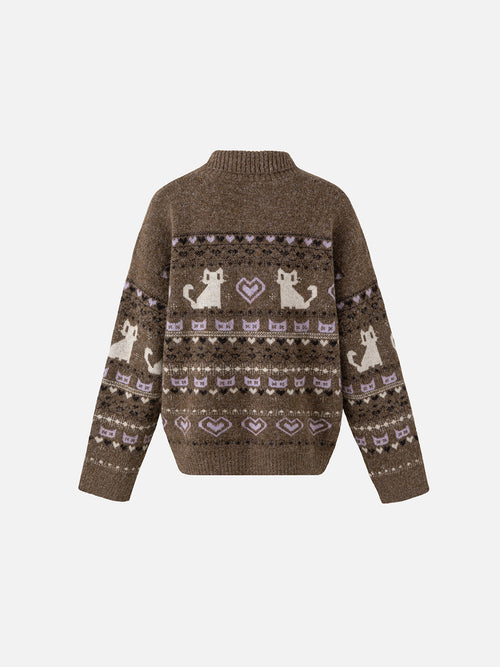 Cat-Motif Fair Isle Relaxed-Fit Collared Cardigan