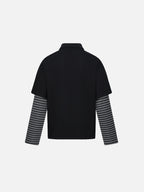 Sheet-Music Graphic Striped Layered-Sleeve Oversized Polo Shirt