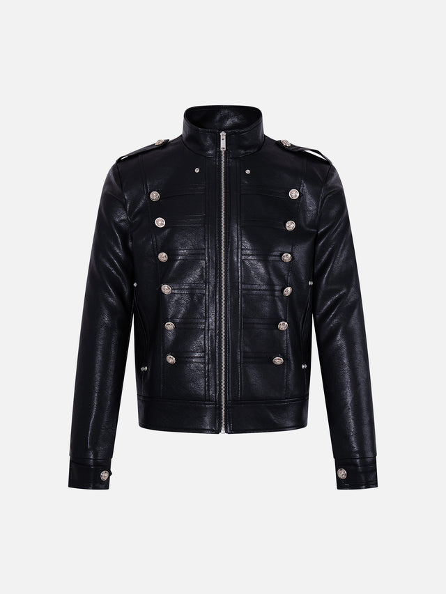 Napoleon-Inspired Braided-Trim Boxy Faux-Leather Zip-Up Jacket