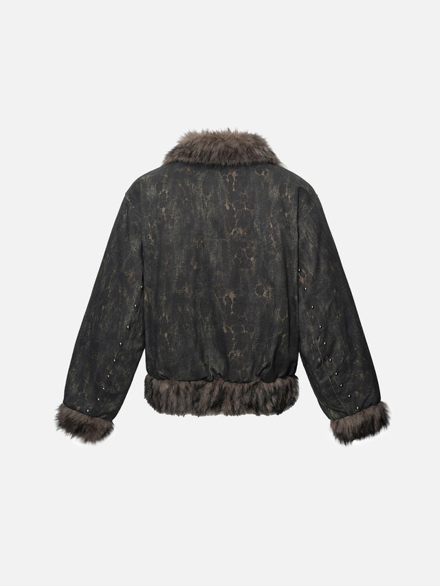 Studded Faux-Fur Trim Multi-Zip Buckled Boxy Bomber Jacket