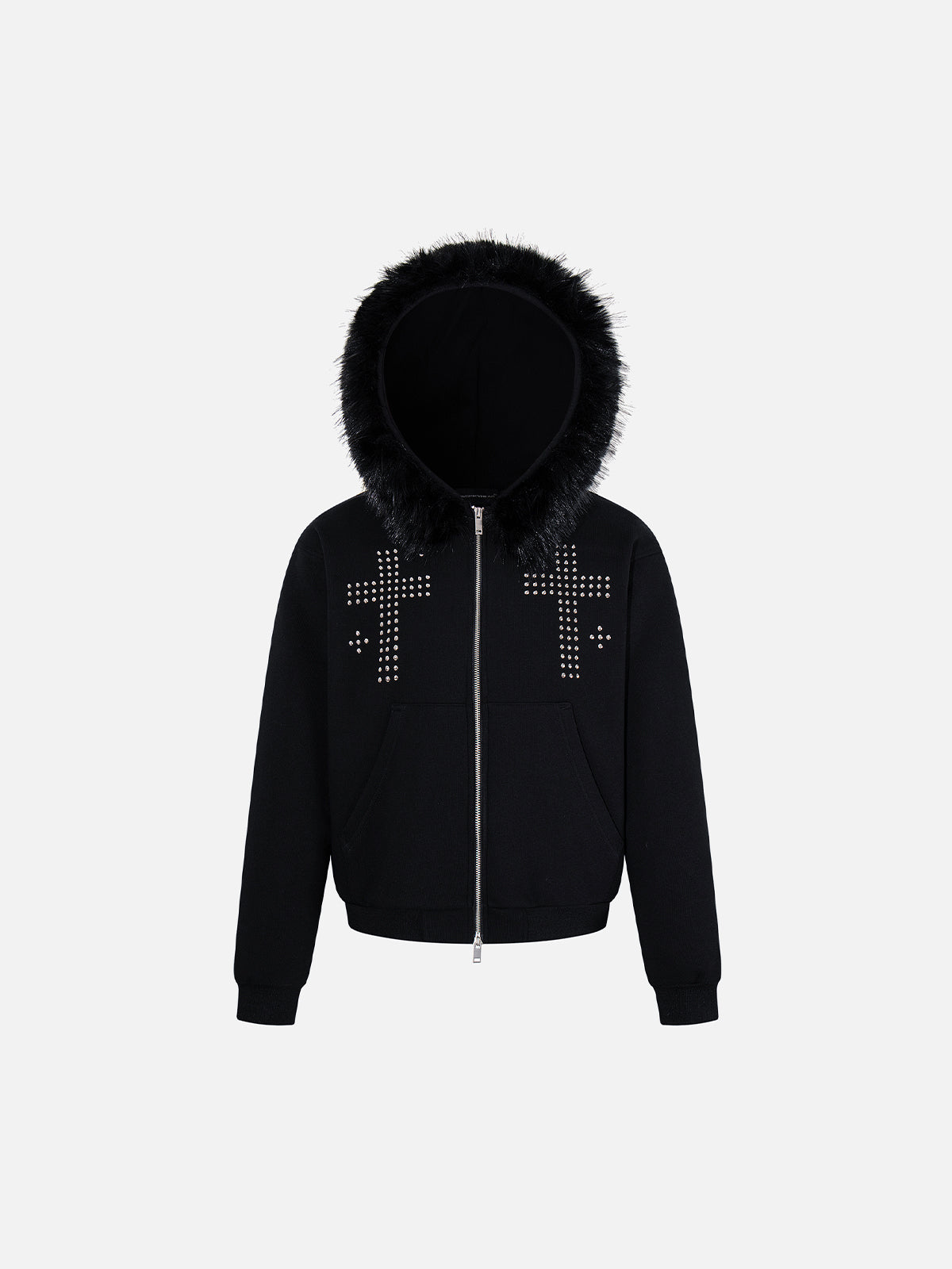 Faux-Fur Trim Rhinestone Cross Boxy Zip-Up Hoodie