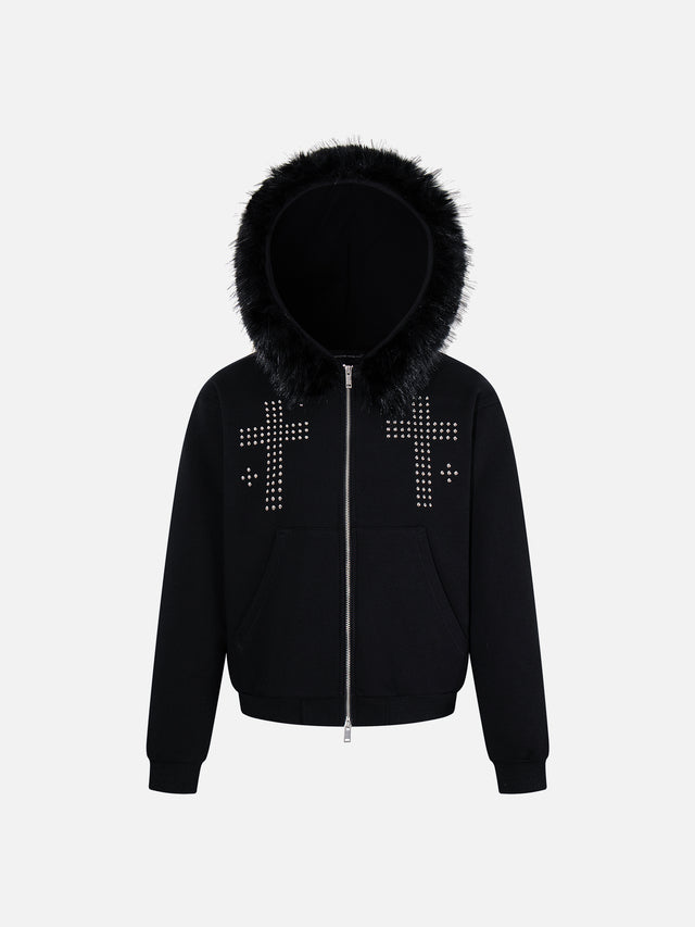 Faux-Fur Trim Rhinestone Cross Boxy Zip-Up Hoodie