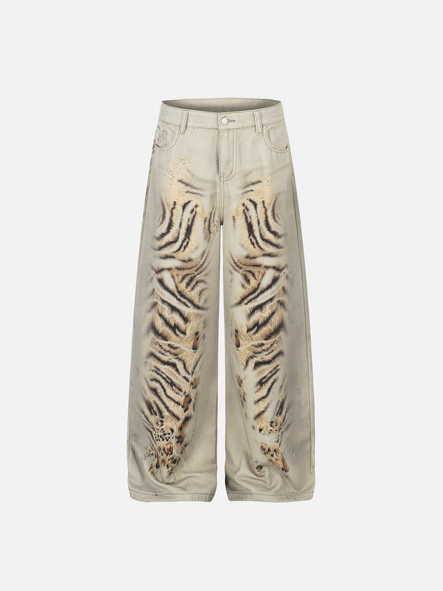Vintage Washed Tiger Print Wide Leg Denim Pants