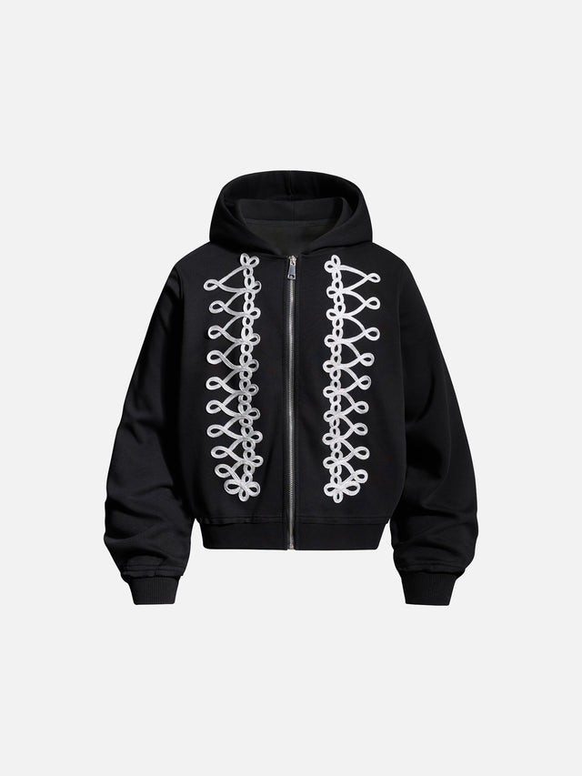 Napoleonic-Inspired Braided-Trim Embroidered Relaxed-Fit Zip-Up Hoodie