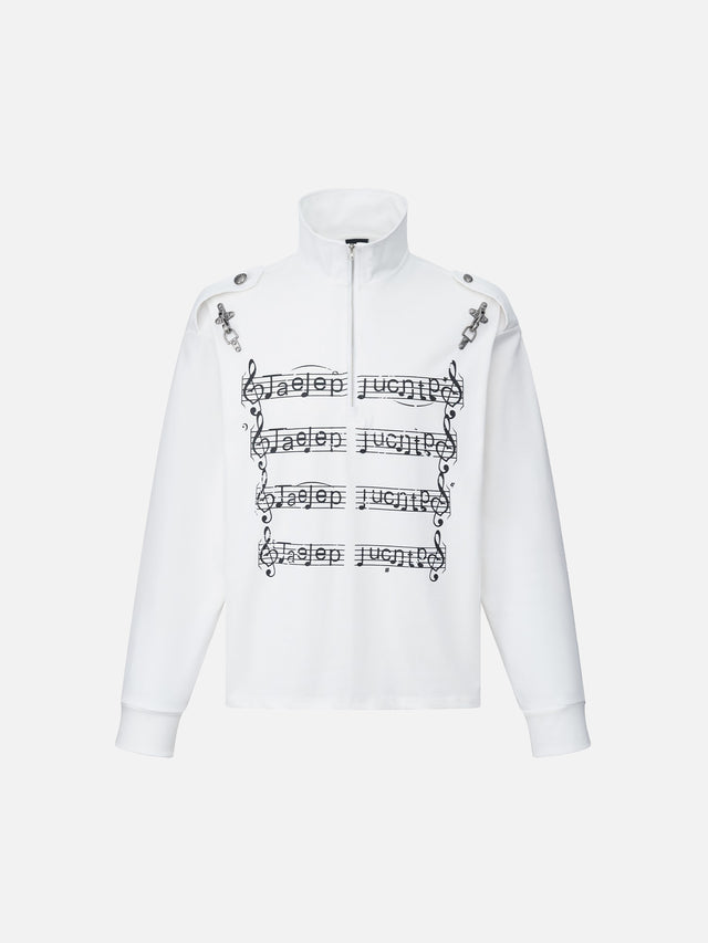 Sheet-Music Print Buckle-Detail Relaxed-Fit Half-Zip Sweatshirt