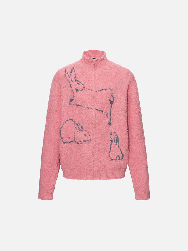 Rabbit Outline Graphic Stand Collar Knit Zip Cardigan